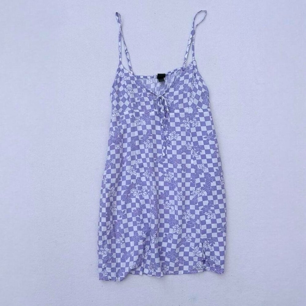 Wild Fable Lilac Purple White Checkered Gingham Floral Cutout Dress Sz M Spring